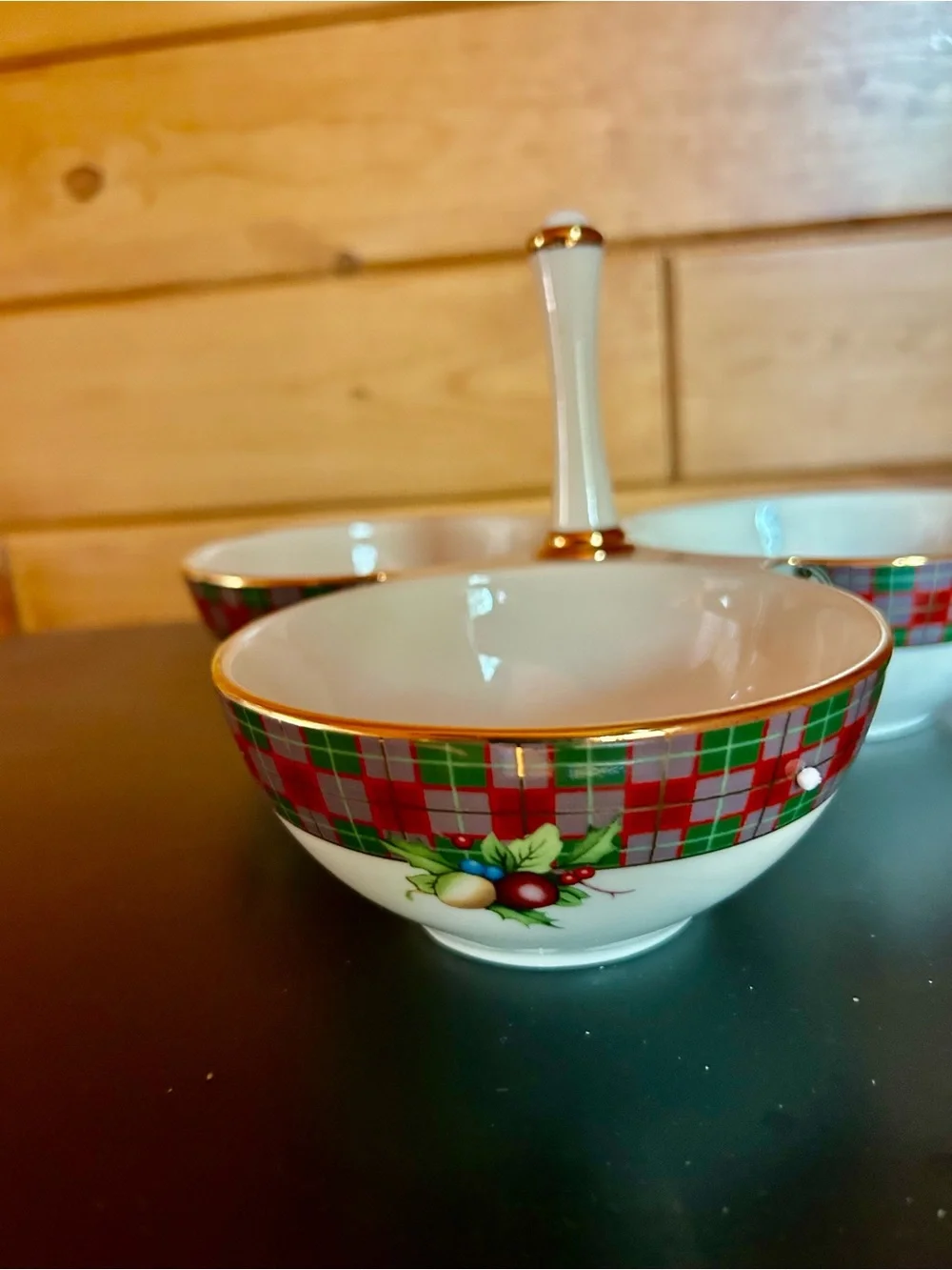 Lenox White Porcelain Triple Server with Red and Green Tartan and Gold Trim